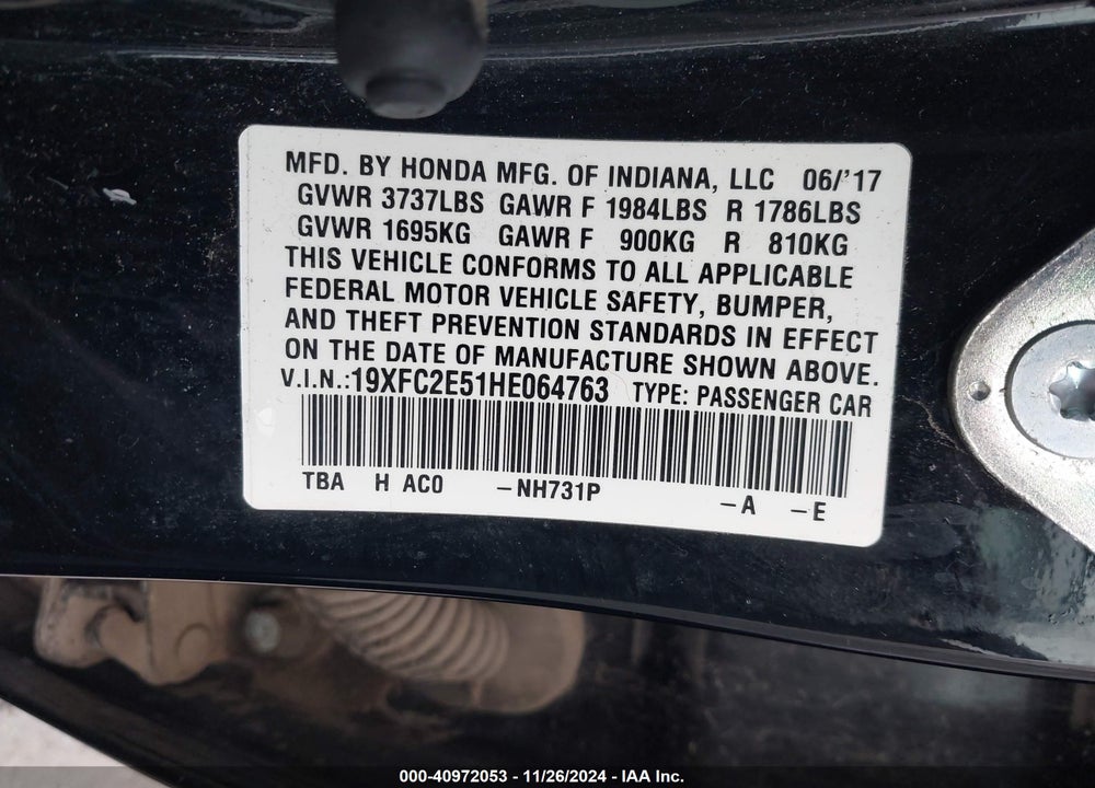2017 HONDA CIVIC LX VIN: 19XFC2E51HE064763