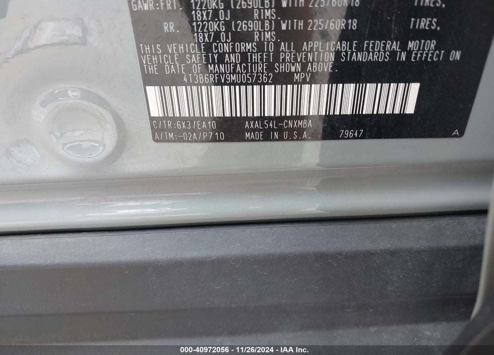 2021 TOYOTA RAV4 HYBRID XLE PREMIUM VIN: 4T3B6RFV9MU057362