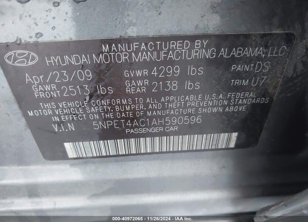 2010 HYUNDAI SONATA GLS VIN: 5NPET4AC1AH590596
