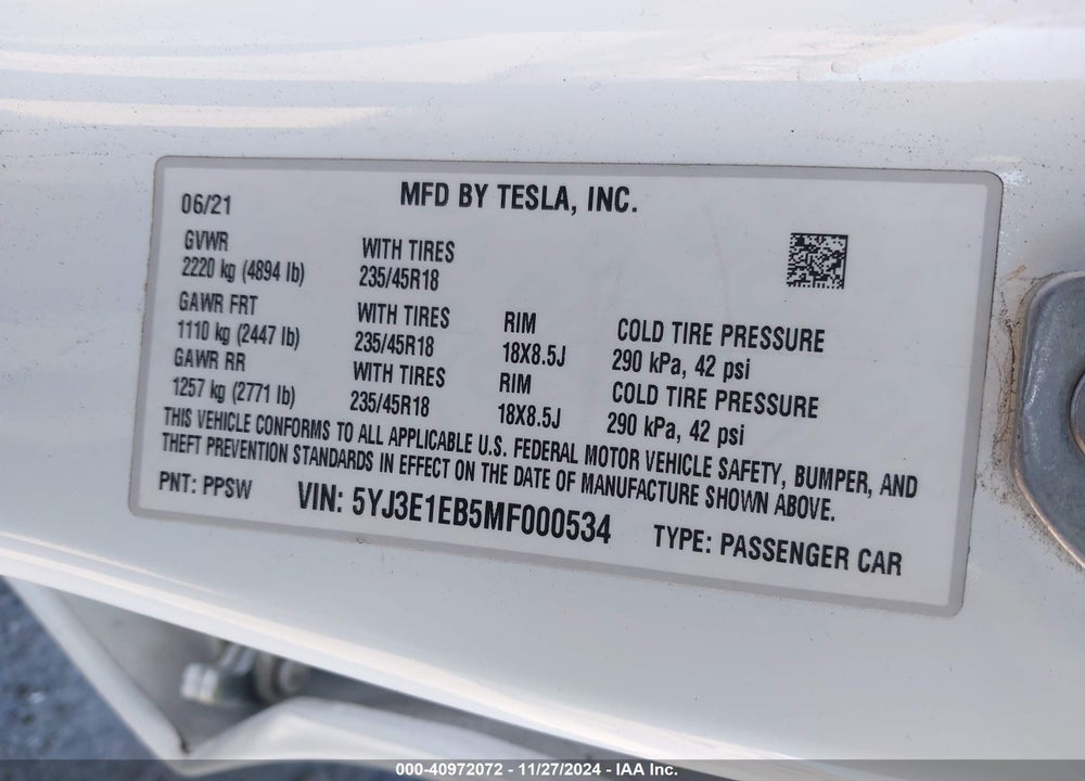 2021 TESLA MODEL 3 VIN: 5YJ3E1EB5MF000534