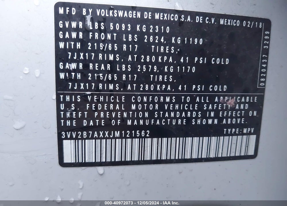 2018 VOLKSWAGEN TIGUAN 2.0T SE/2.0T SEL VIN: 3VV2B7AXXJM121562