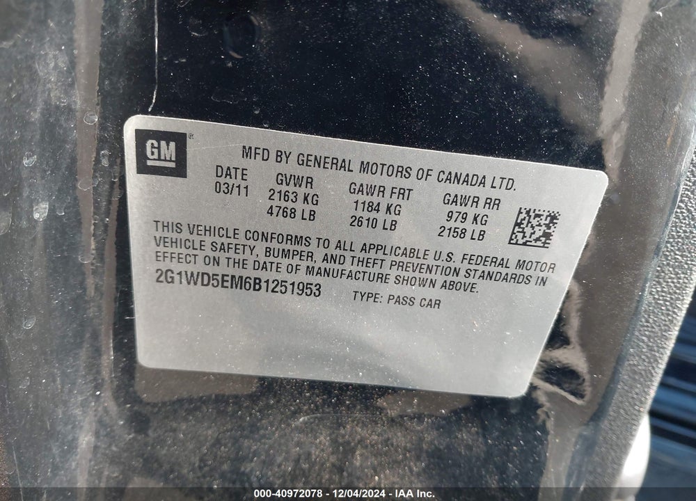 2011 CHEVROLET IMPALA VIN: 2G1WD5EM6B1251953