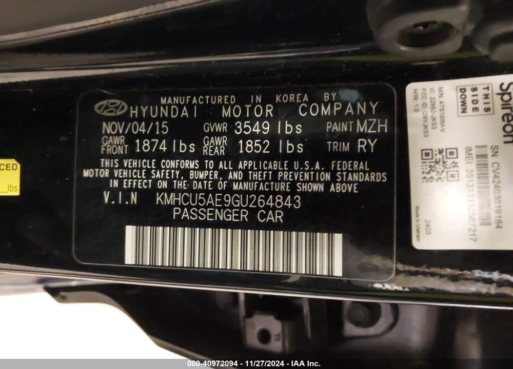 2016 HYUNDAI ACCENT VIN: KMHCU5AE9GU264843