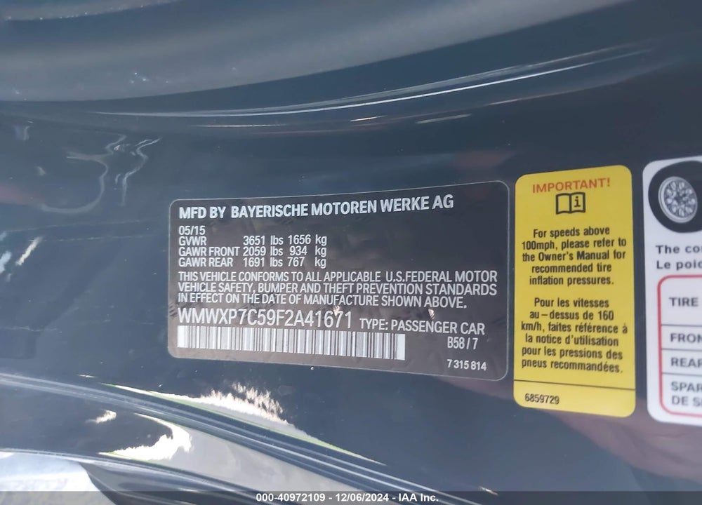 2015 MINI HARDTOP COOPER S VIN: WMWXP7C59F2A41671