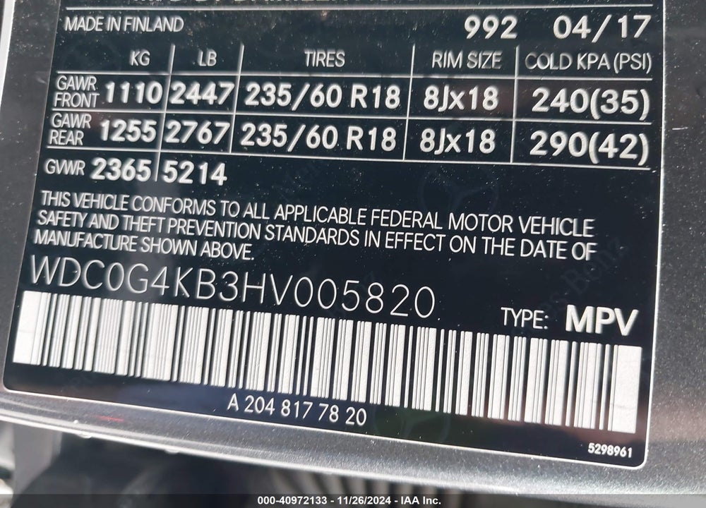 2017 MERCEDES-BENZ GLC 300 4MATIC VIN: WDC0G4KB3HV005820