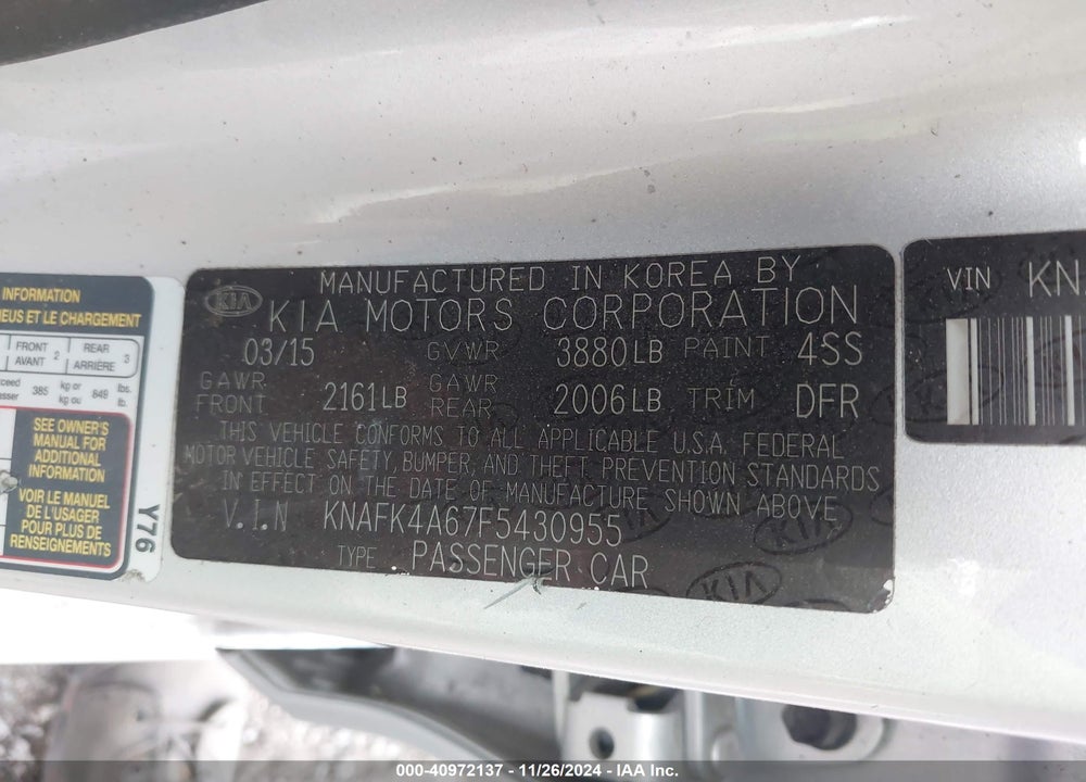 2015 KIA FORTE LX VIN: KNAFK4A67F5430955