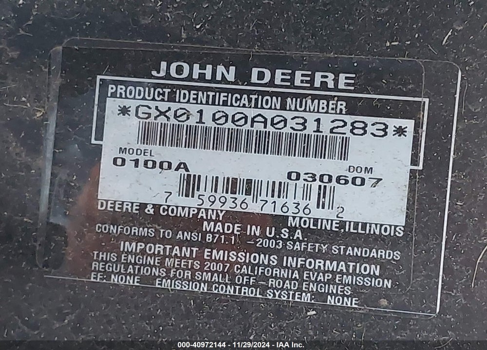 2007 JOHN DEERE L100 VIN: GX0100A031283