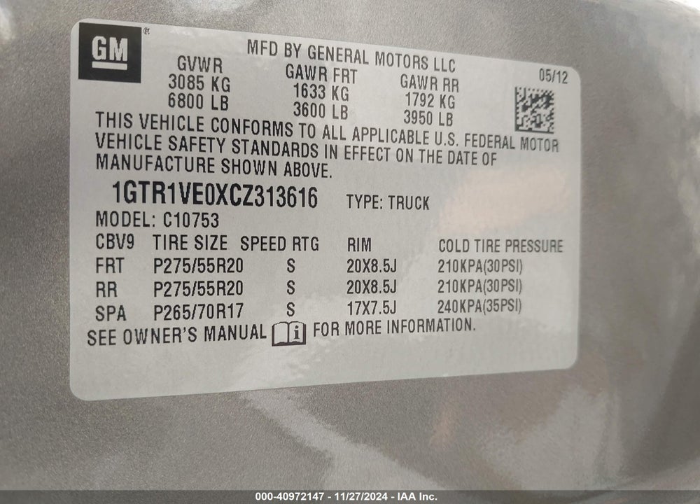 2012 GMC SIERRA 1500 SLE VIN: 1GTR1VE0XCZ313616