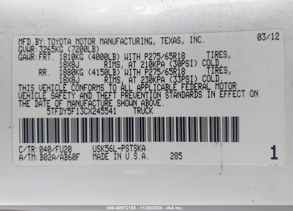 2012 TOYOTA TUNDRA GRADE 5.7L V8 VIN: 5TFDY5F13CX245541