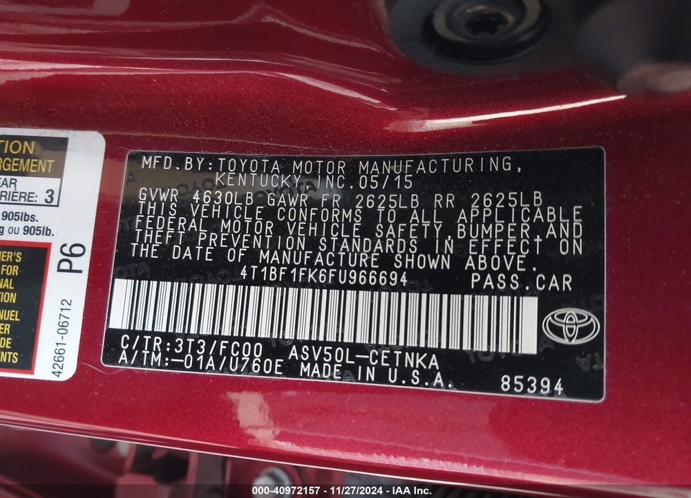 2015 TOYOTA CAMRY LE VIN: 4T1BF1FK6FU966694