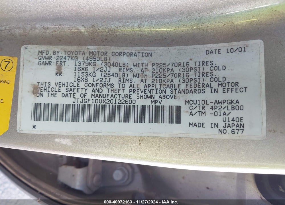 2002 LEXUS RX 300 VIN: JTJGF10UX20122600