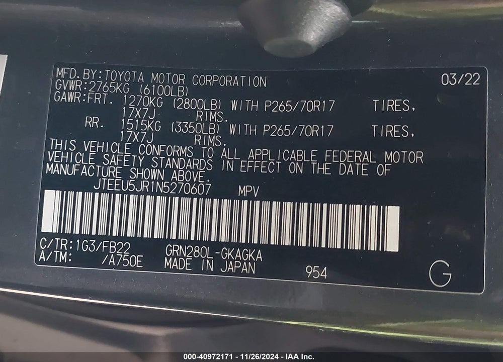 2022 TOYOTA 4RUNNER SR5 VIN: JTEEU5JR1N5270607