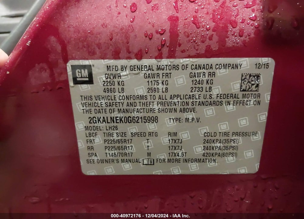 2016 GMC TERRAIN SLE-2 VIN: 2GKALNEK0G6215998