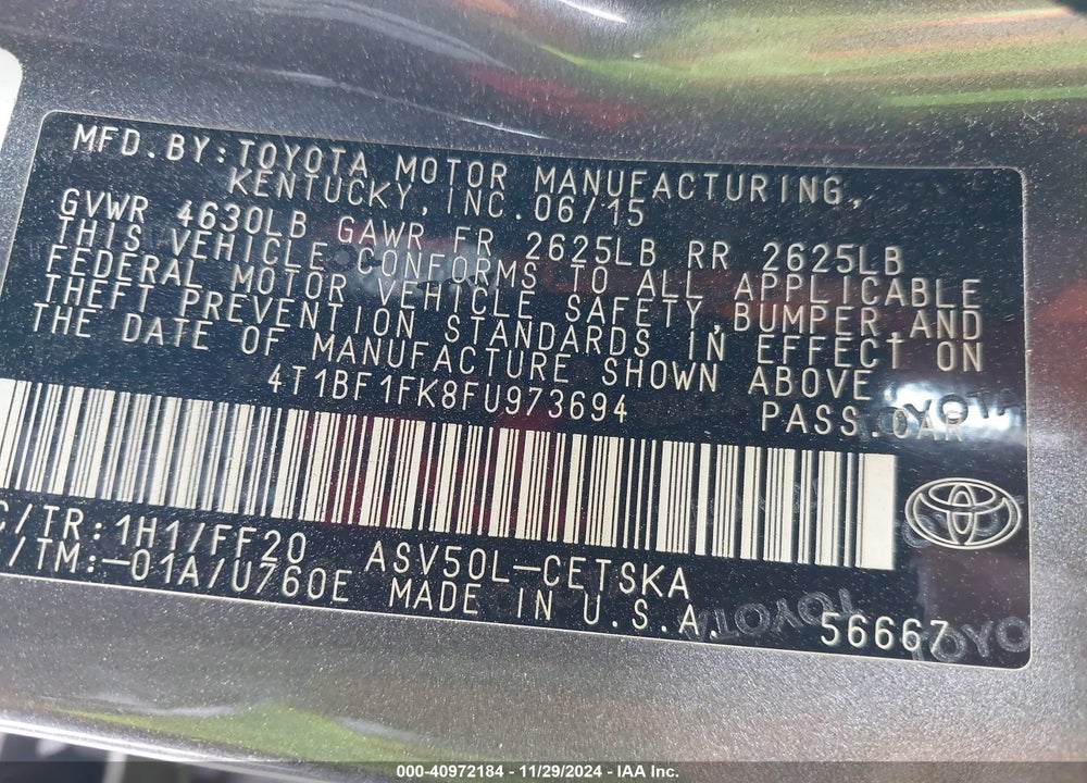 2015 TOYOTA CAMRY SE VIN: 4T1BF1FK8FU973694