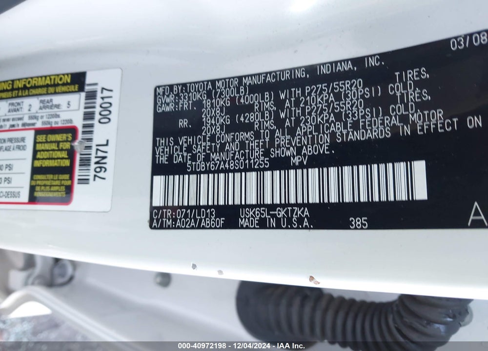 2008 TOYOTA SEQUOIA PLATINUM 5.7L V8 VIN: 5TDBY67A48S011255