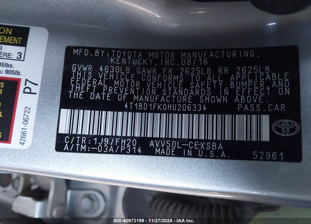 2017 TOYOTA CAMRY HYBRID SE VIN: 4T1BD1FK0HU206334