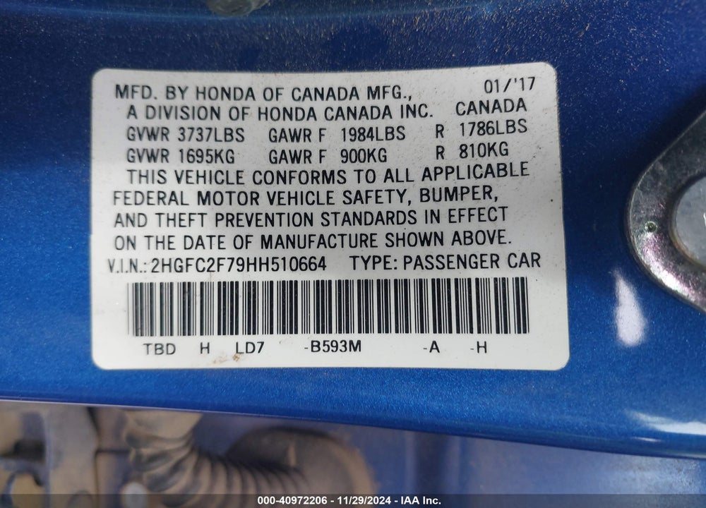 2017 HONDA CIVIC EX VIN: 2HGFC2F79HH510664