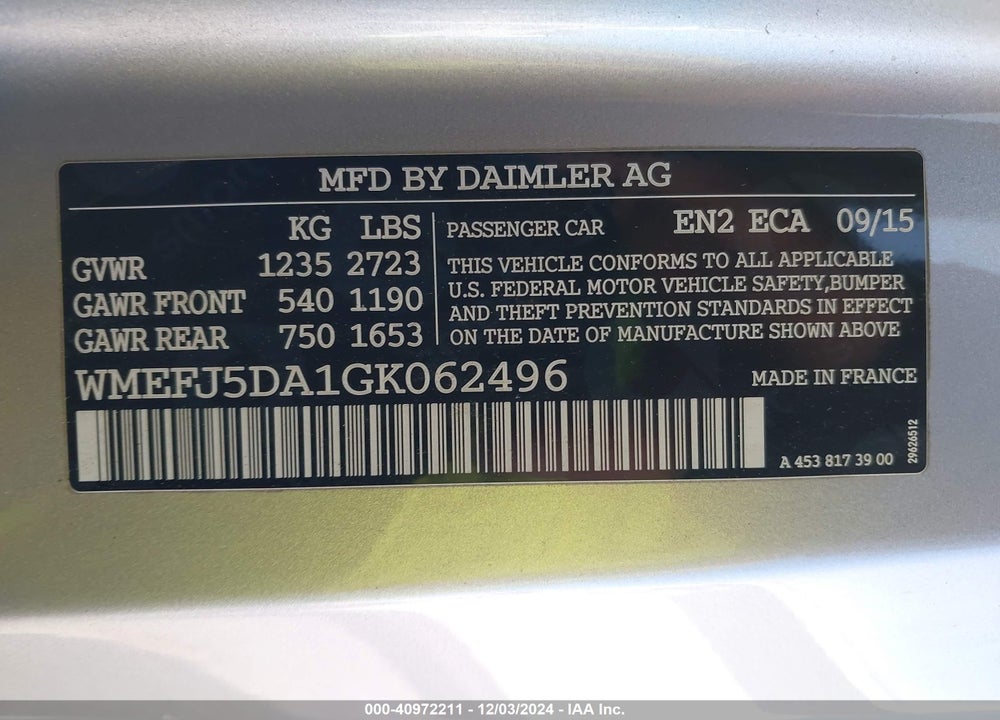 2016 SMART FORTWO PASSION/PRIME/PROXY/PURE VIN: WMEFJ5DA1GK062496