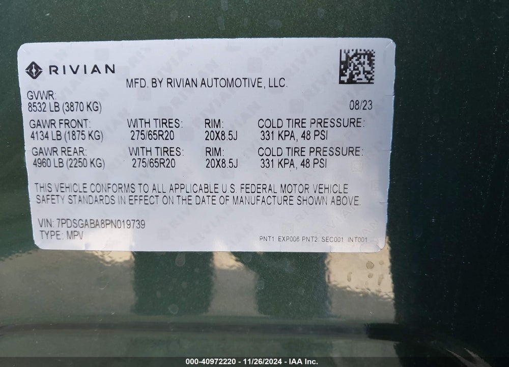 2023 RIVIAN R1S ADVENTURE VIN: 7PDSGABA8PN019739