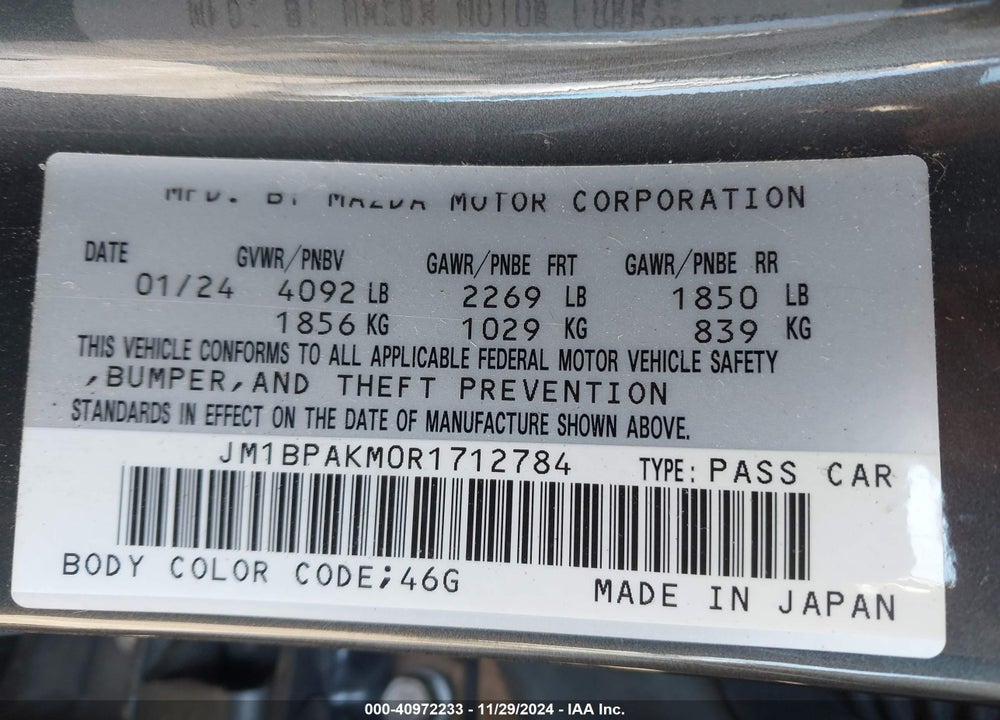 2024 MAZDA 3 2.5 S SELECT SPORT VIN: JM1BPAKM0R1712784