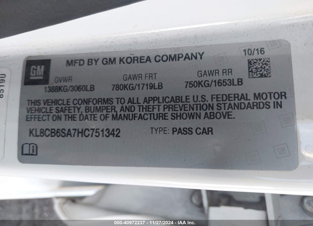2017 CHEVROLET SPARK LS CVT VIN: KL8CB6SA7HC751342
