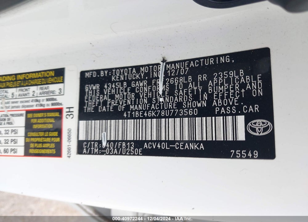 2008 TOYOTA CAMRY LE VIN: 4T1BE46K78U773560