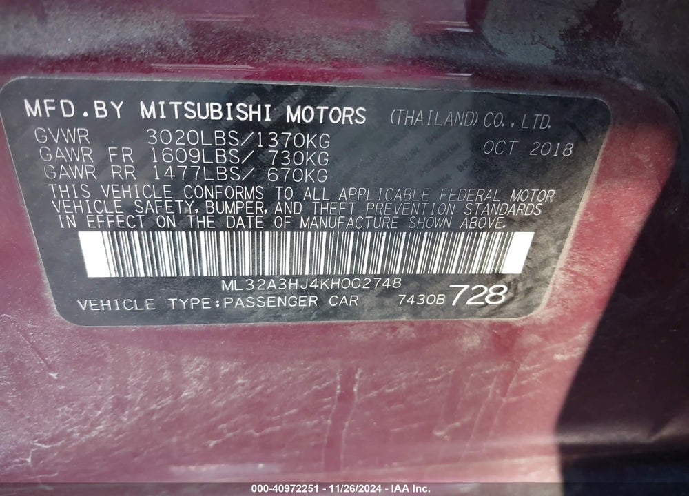 2019 MITSUBISHI MIRAGE ES/RF VIN: ML32A3HJ4KH002748