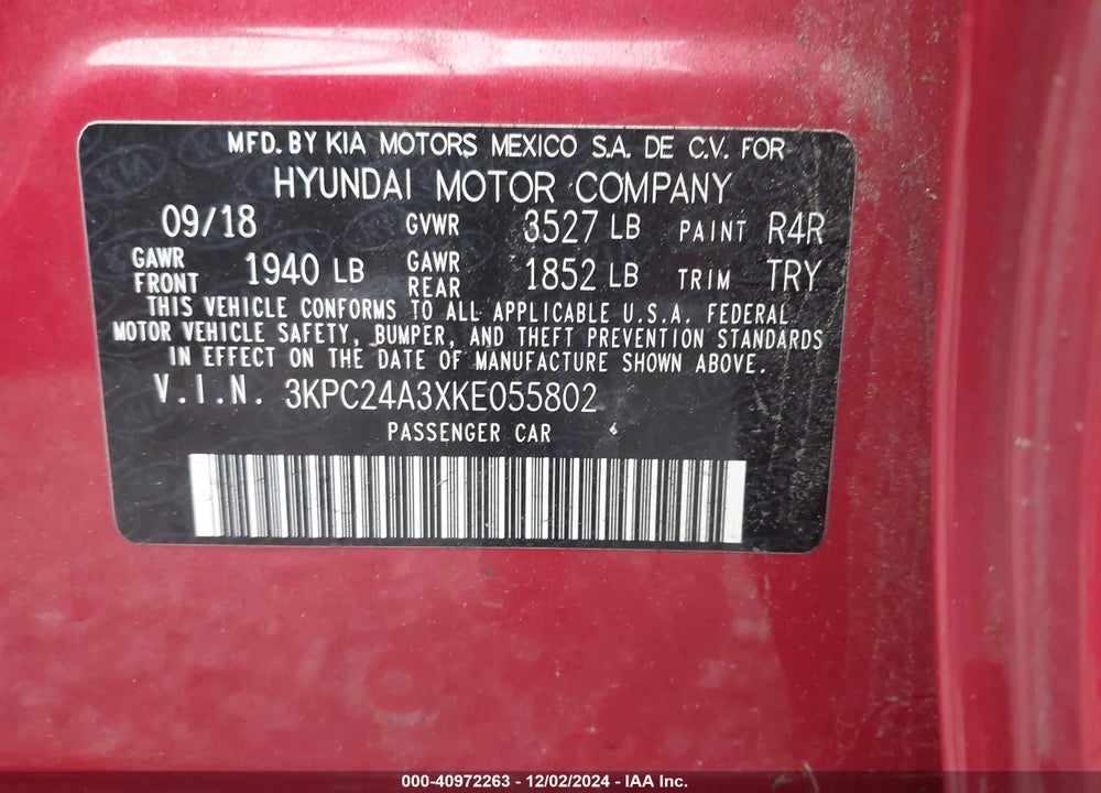 2019 HYUNDAI ACCENT SE VIN: 3KPC24A3XKE055802