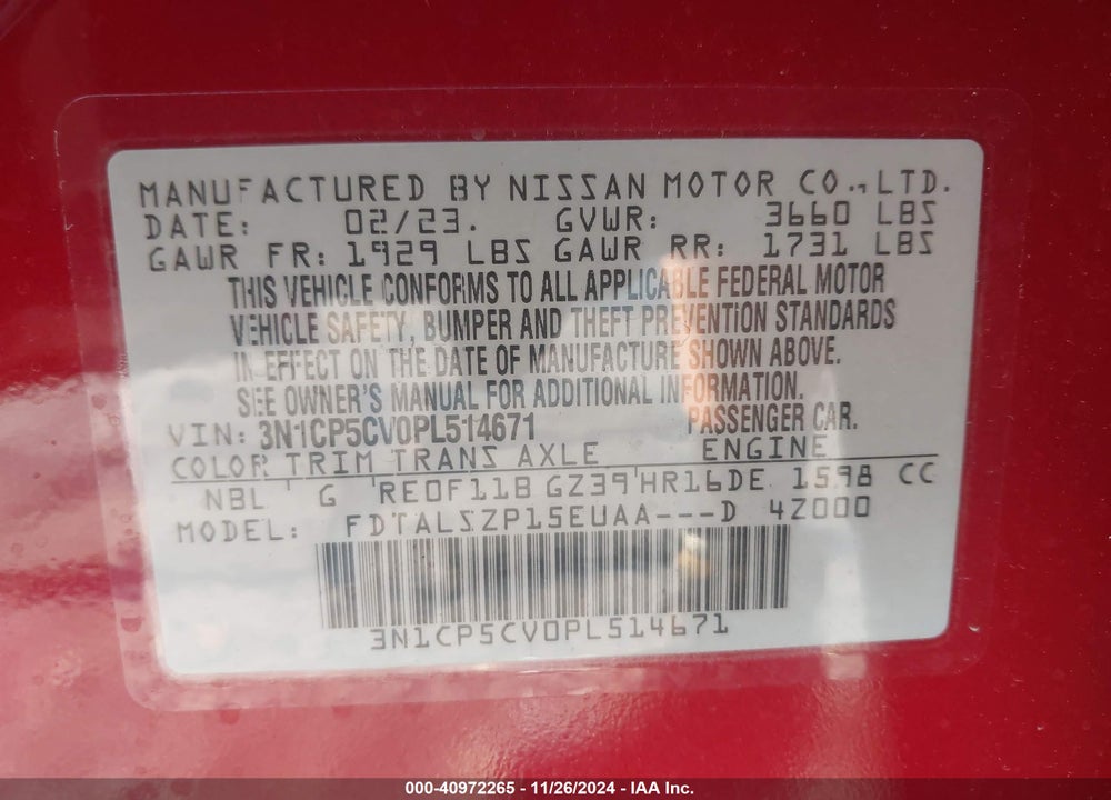 2023 NISSAN KICKS SV XTRONIC CVT VIN: 3N1CP5CV0PL514671