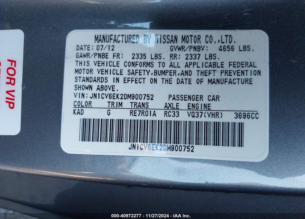 2013 INFINITI G37 JOURNEY VIN: JN1CV6EK2DM900752