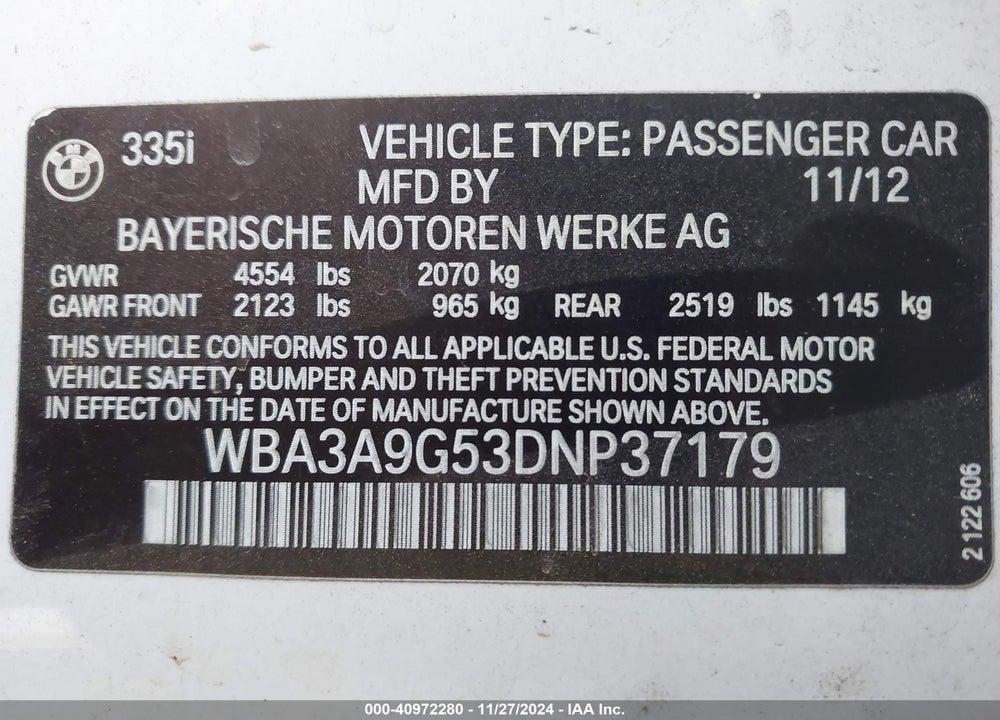 2013 BMW 335I VIN: WBA3A9G53DNP37179