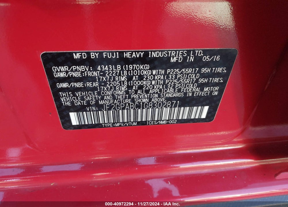 2016 SUBARU CROSSTREK 2.0I PREMIUM VIN: JF2GPABC1G8302871