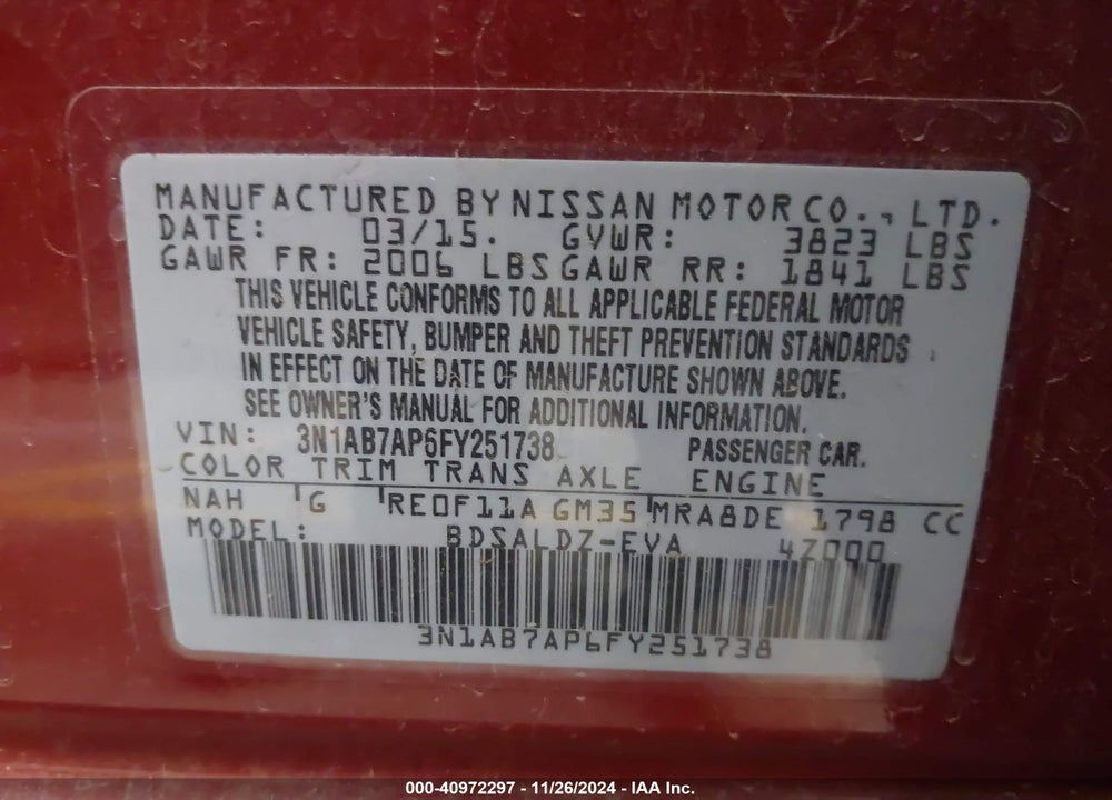 2015 NISSAN SENTRA VIN: 3N1AB7AP6FY251738