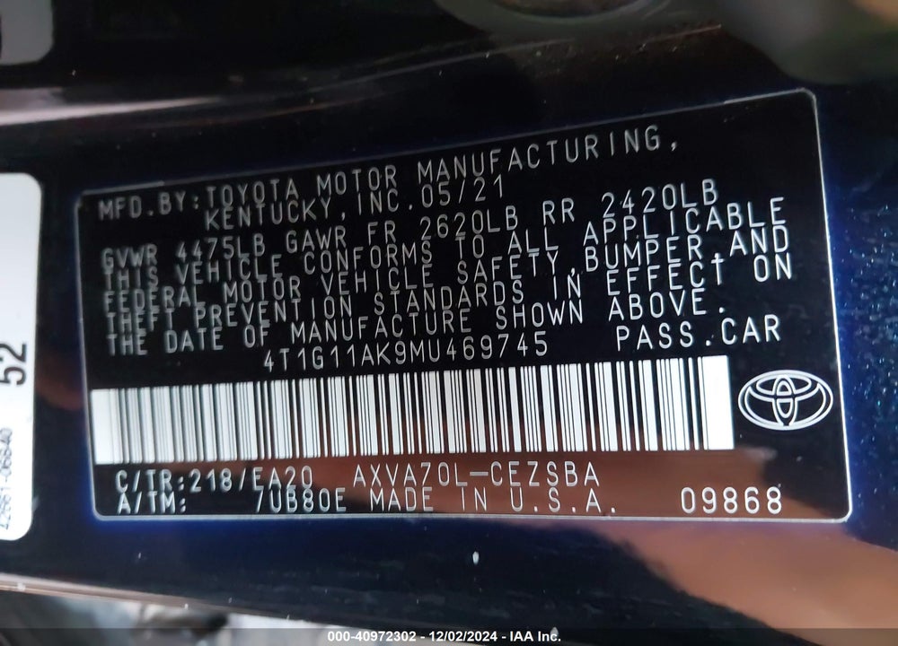 2021 TOYOTA CAMRY SE VIN: 4T1G11AK9MU469745
