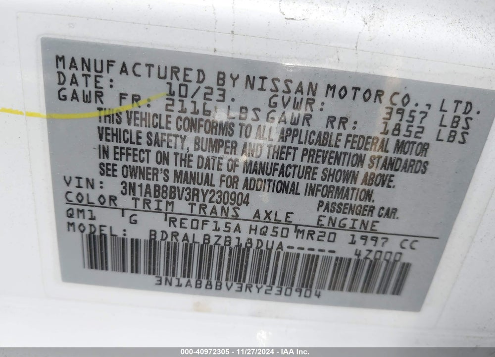 2024 NISSAN SENTRA S XTRONIC CVT VIN: 3N1AB8BV3RY230904