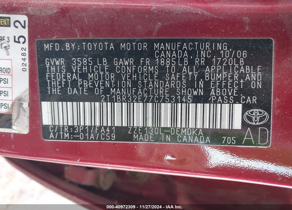 2007 TOYOTA COROLLA CE VIN: 2T1BR32E77C753145