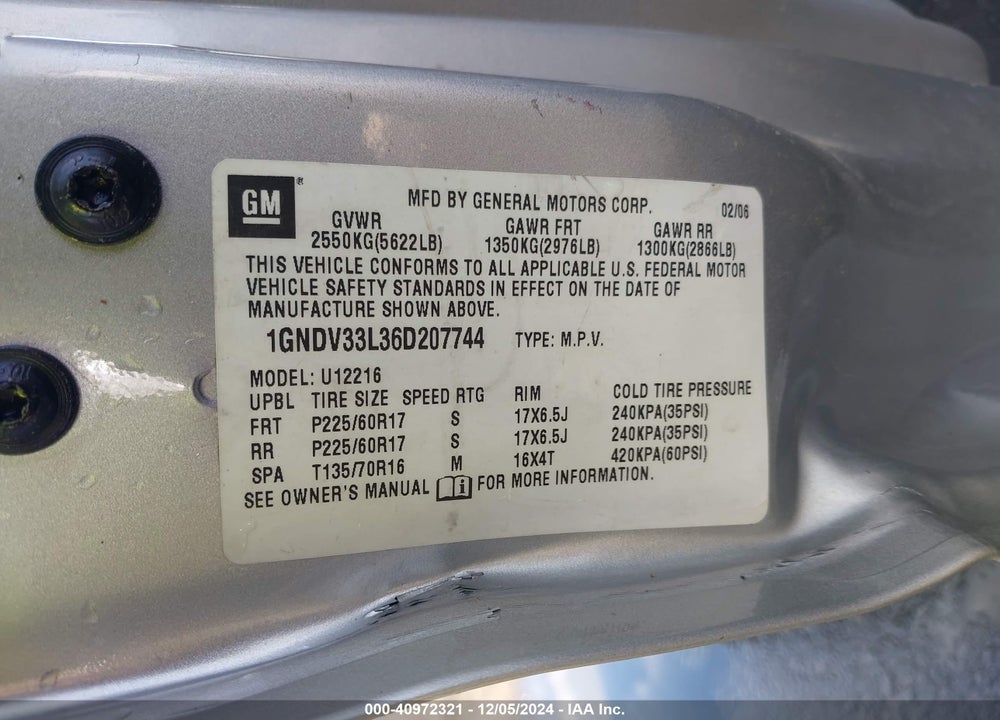 2006 CHEVROLET UPLANDER LT VIN: 1GNDV33L36D207744