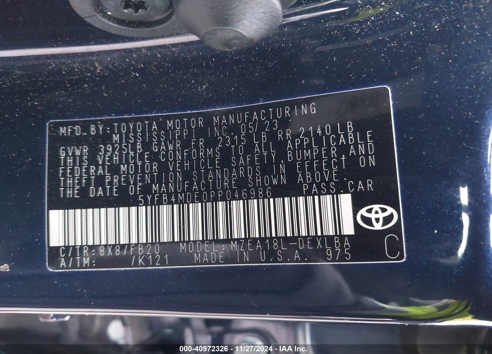 2023 TOYOTA COROLLA LE VIN: 5YFB4MDE0PP046986