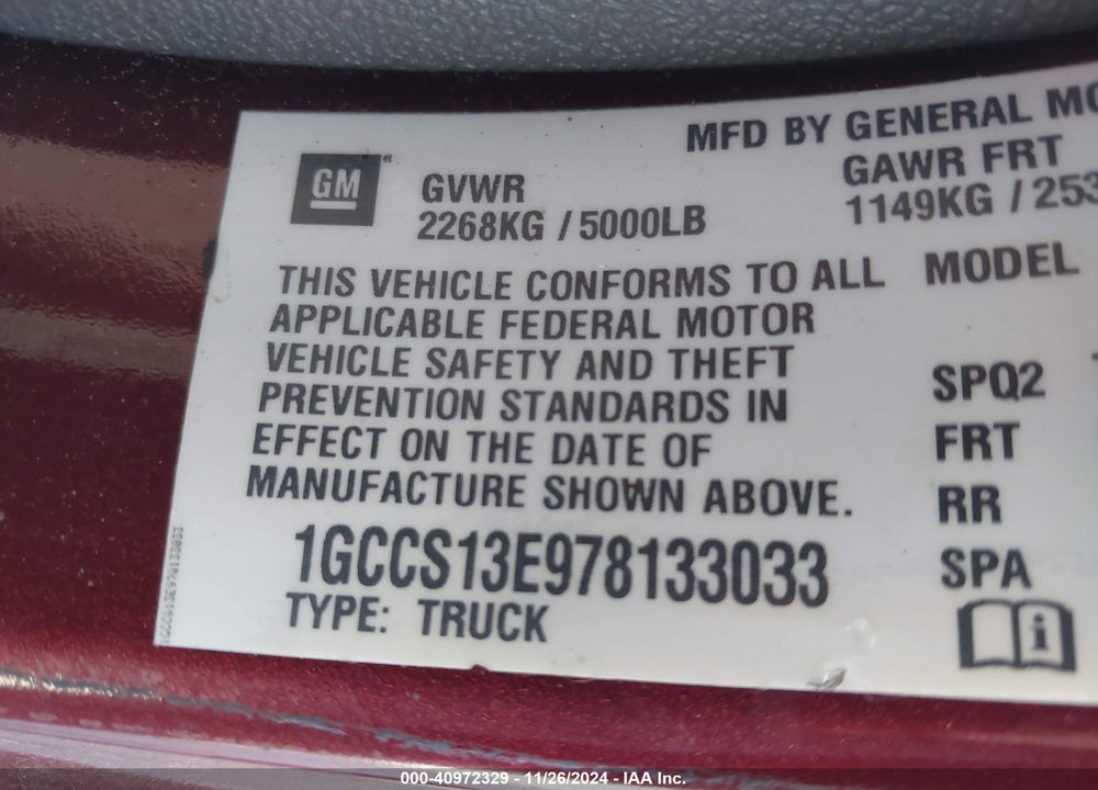 2007 CHEVROLET COLORADO LT VIN: 1GCCS13E978133033