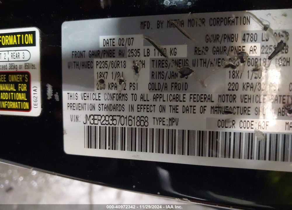 2007 MAZDA CX-7 SPORT VIN: JM3ER293570161868