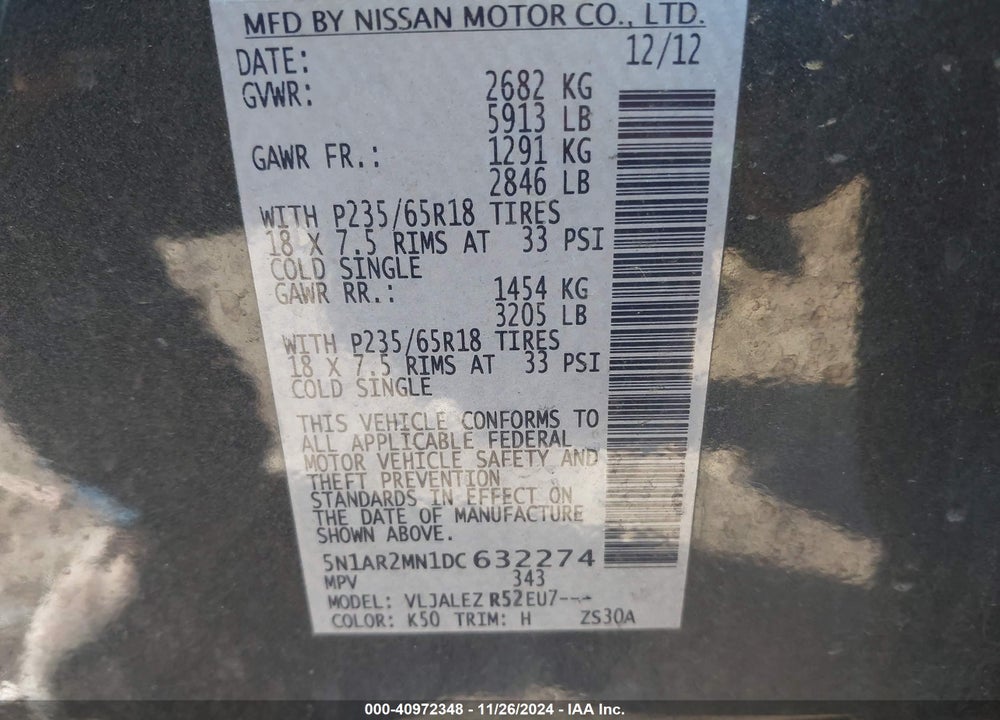 2013 NISSAN PATHFINDER SV VIN: 5N1AR2MN1DC632274