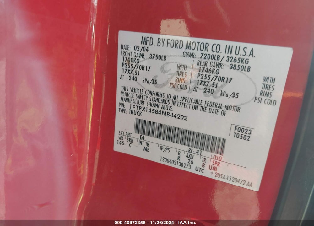 2004 FORD F-150 FX4/LARIAT/XL/XLT VIN: 1FTPX14584NB44202