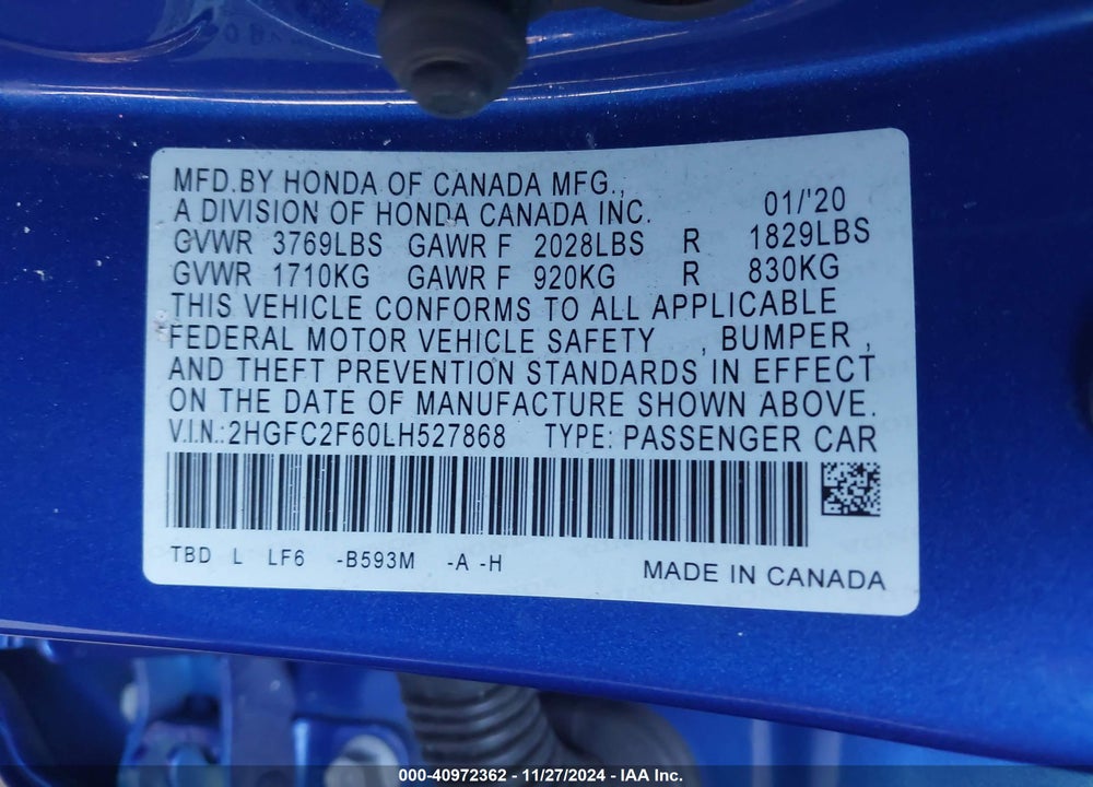 2020 HONDA CIVIC LX VIN: 2HGFC2F60LH527868