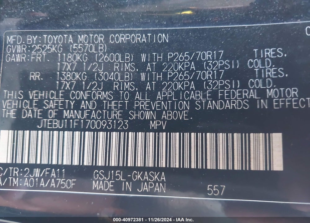 2007 TOYOTA FJ CRUISER VIN: JTEBU11F170093123