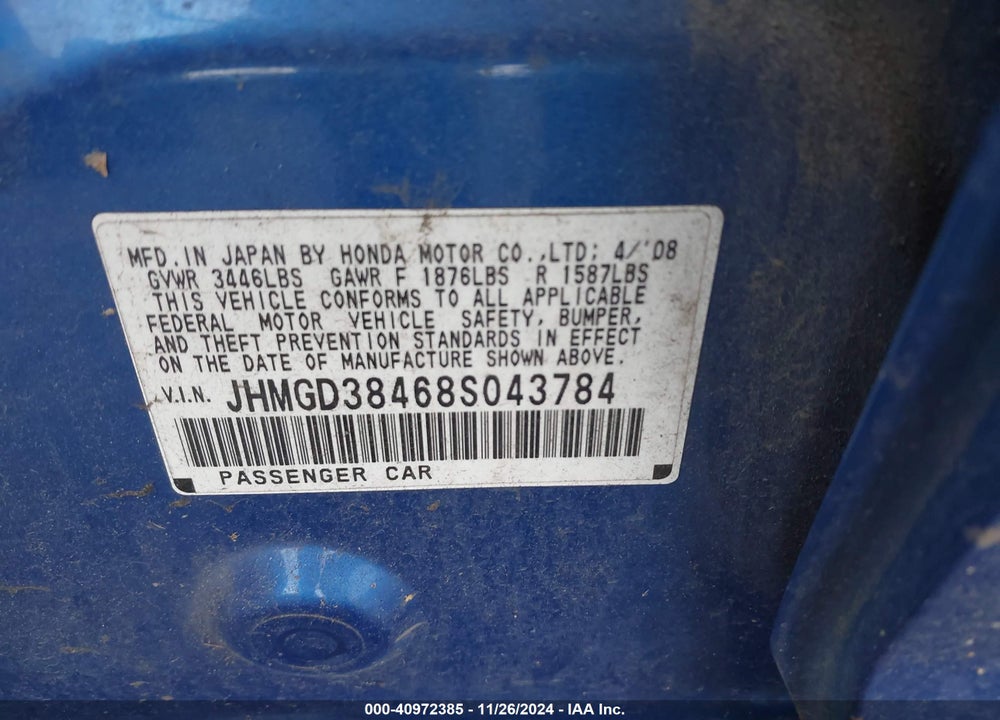 2008 HONDA FIT VIN: JHMGD38468S043784
