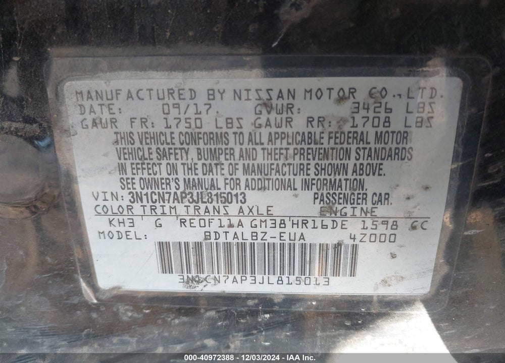 2018 NISSAN VERSA 1.6 SV VIN: 3N1CN7AP3JL815013