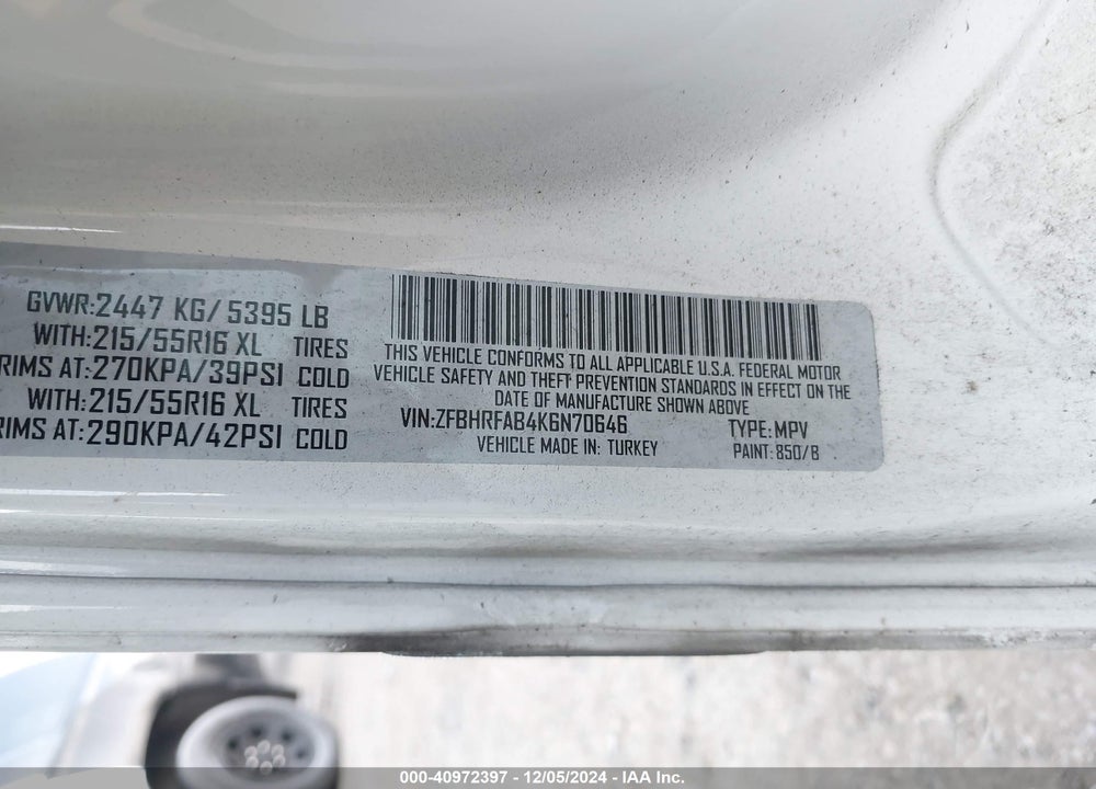 2019 RAM PROMASTER CITY TRADESMAN VIN: ZFBHRFAB4K6N70646