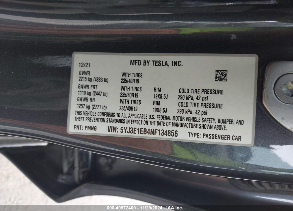 2022 TESLA MODEL 3 VIN: 5YJ3E1EB4NF134856