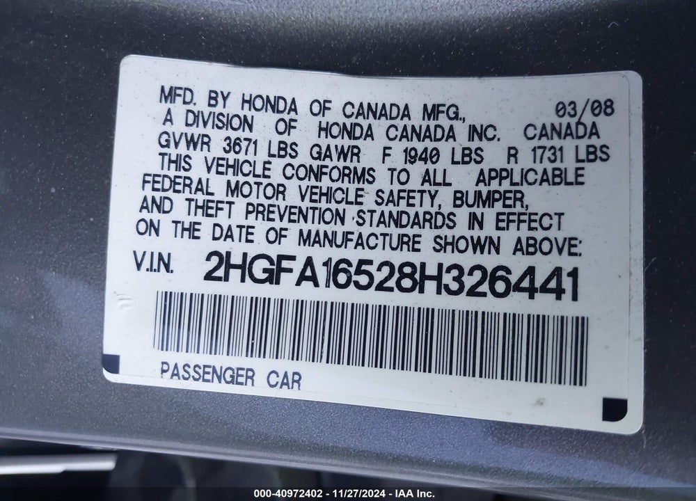 2008 HONDA CIVIC LX VIN: 2HGFA16528H326441
