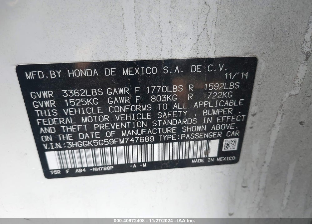 2015 HONDA FIT LX VIN: 3HGGK5G59FM747689